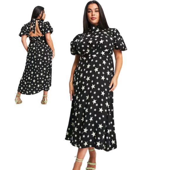 ASOS Curve Dresses & Skirts - ASOS John Zack puff sleeve midi dress with open back bow in black star print
